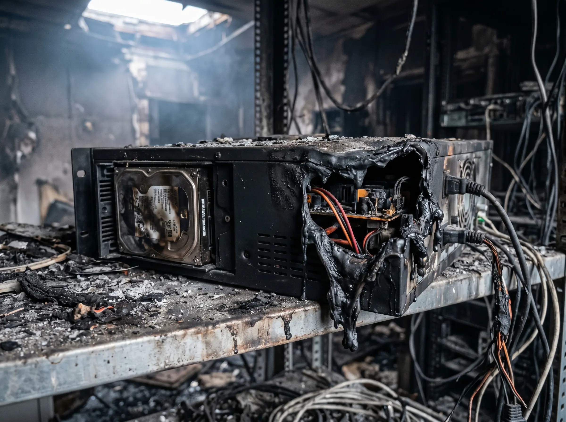 Melted DVR and NVR units after the 2024 Nippon Paint plant fire — destroyed on-site video evidence